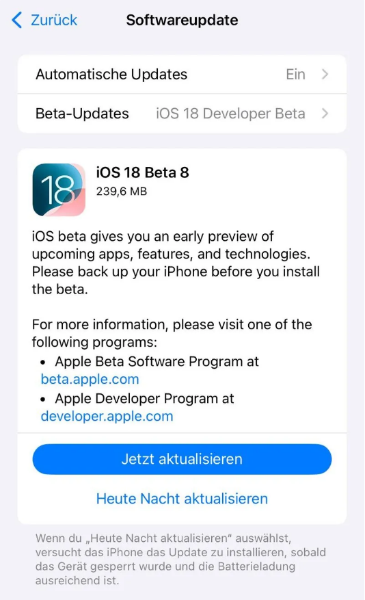 晋宁苹果手机维修分享苹果 iOS / iPadOS 18 开发者预览版 Beta 8 发布 